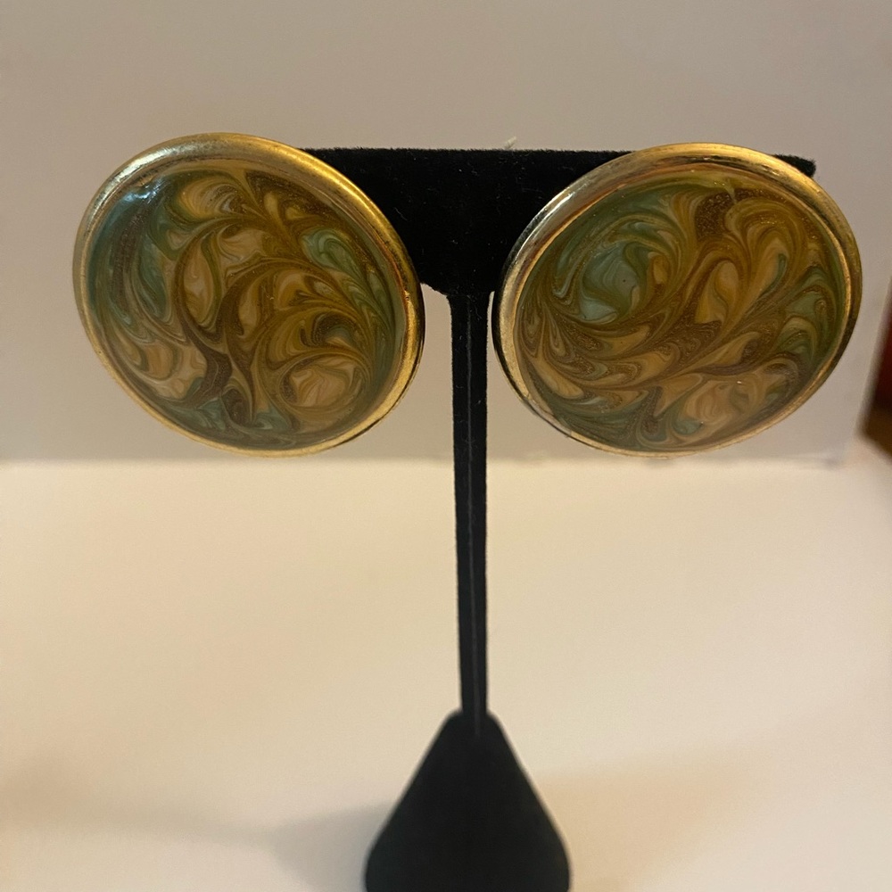 Round Swirl Resin Gold-Tone Clip Earrings - Green and Brown Swirl